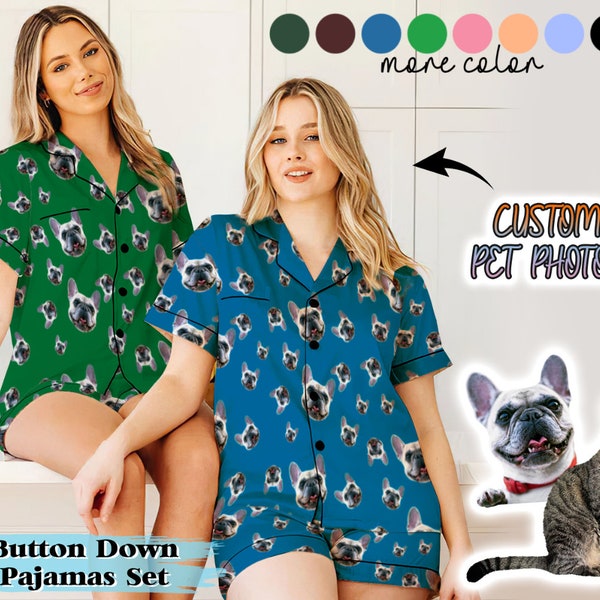 Custom Dog Face Women Short Sleeve Pajama Set, personalized gifts for her, Cat Dog Lover Gifts, gift Pajamas for Women, best gifts for BFF