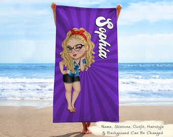 Cartoon Woman Traveling Beach Poolside Swimming Picnic - Birthday, Vacation Gift For Her, Besties, Family - Personalized Custom Beach Towel