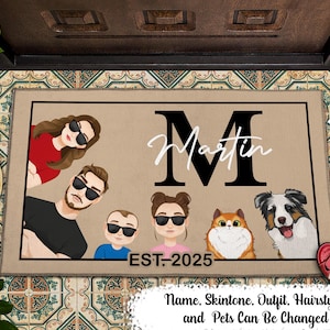 Monogram Flat Art Family - Personalized Doormat, Family With Pet Welcome Mat, Custom Family Doormat, Housewarming Gift For Family, Pet Lover