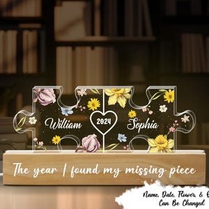 Birth Month Flower Love Is The Piece That Holds Us Together Couple Name Puzzle LED Night Light, Romantic Home Bedroom Decor For Couples