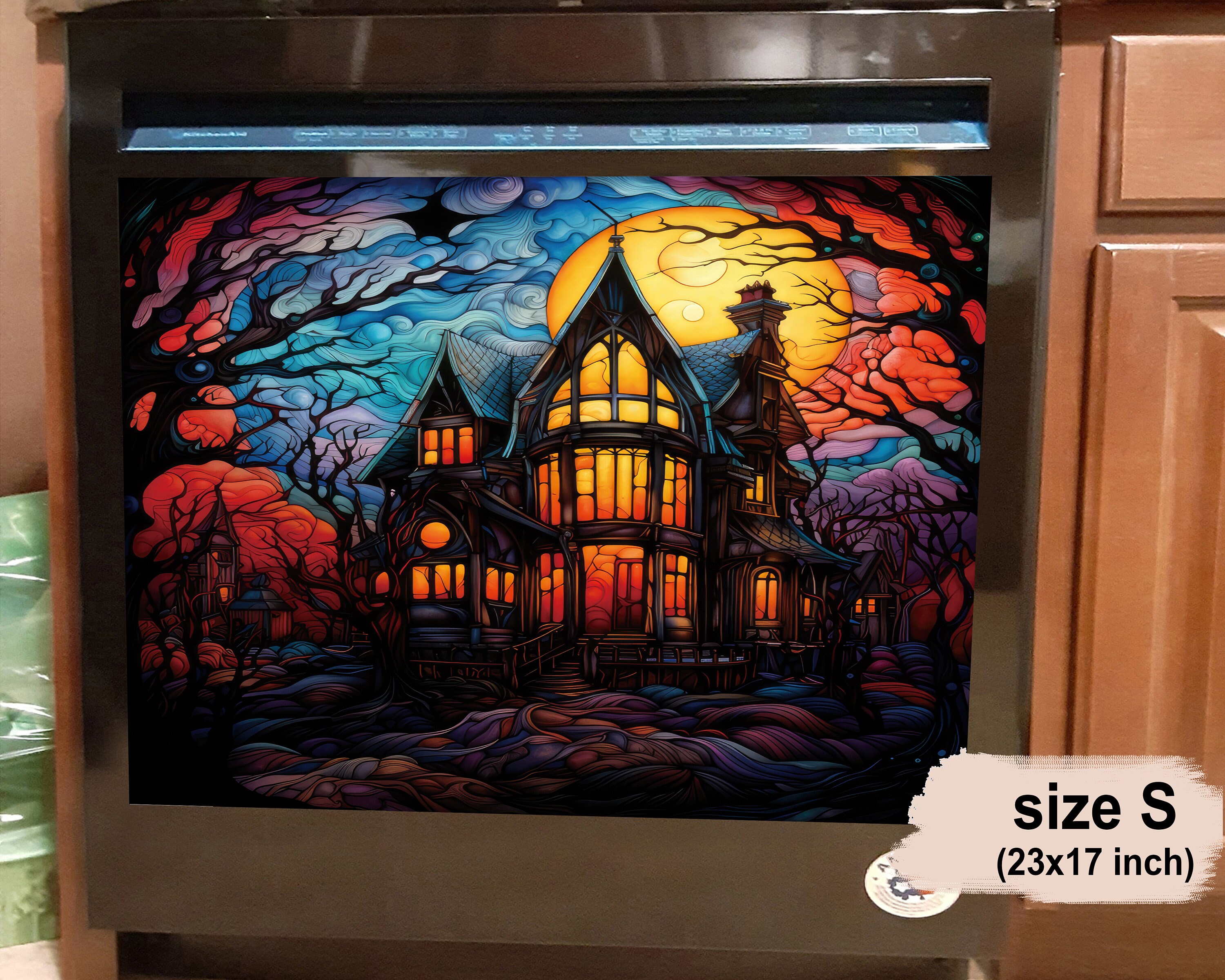 Mysterious Haunted House Stained Glass Dishwasher Cover, Housewarming Gifts