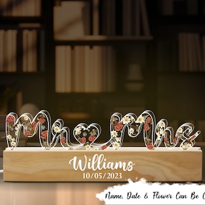 Mr & Mrs Wedding Anniversary Valentine&#39;s Day Gift for her for him, Custom Flower Printed LED Night Light, Romantic Home Bedroom Decor