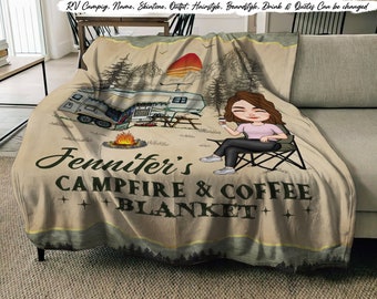 Personalized My Campfire And Coffee Blanket, Custom Camping Fleece Blanket, Gifts for Wife From Husband, Christmas Blanket, Gift For Him