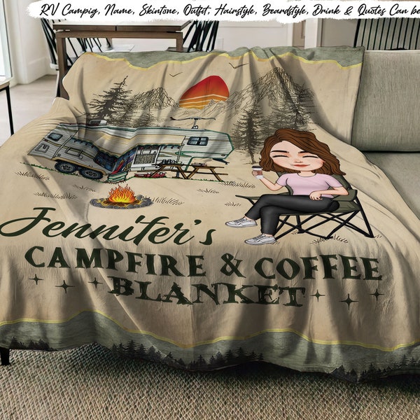 Personalized My Campfire And Coffee Blanket, Custom Camping Fleece Blanket, Gifts for Wife From Husband, Christmas Blanket, Gift For Him