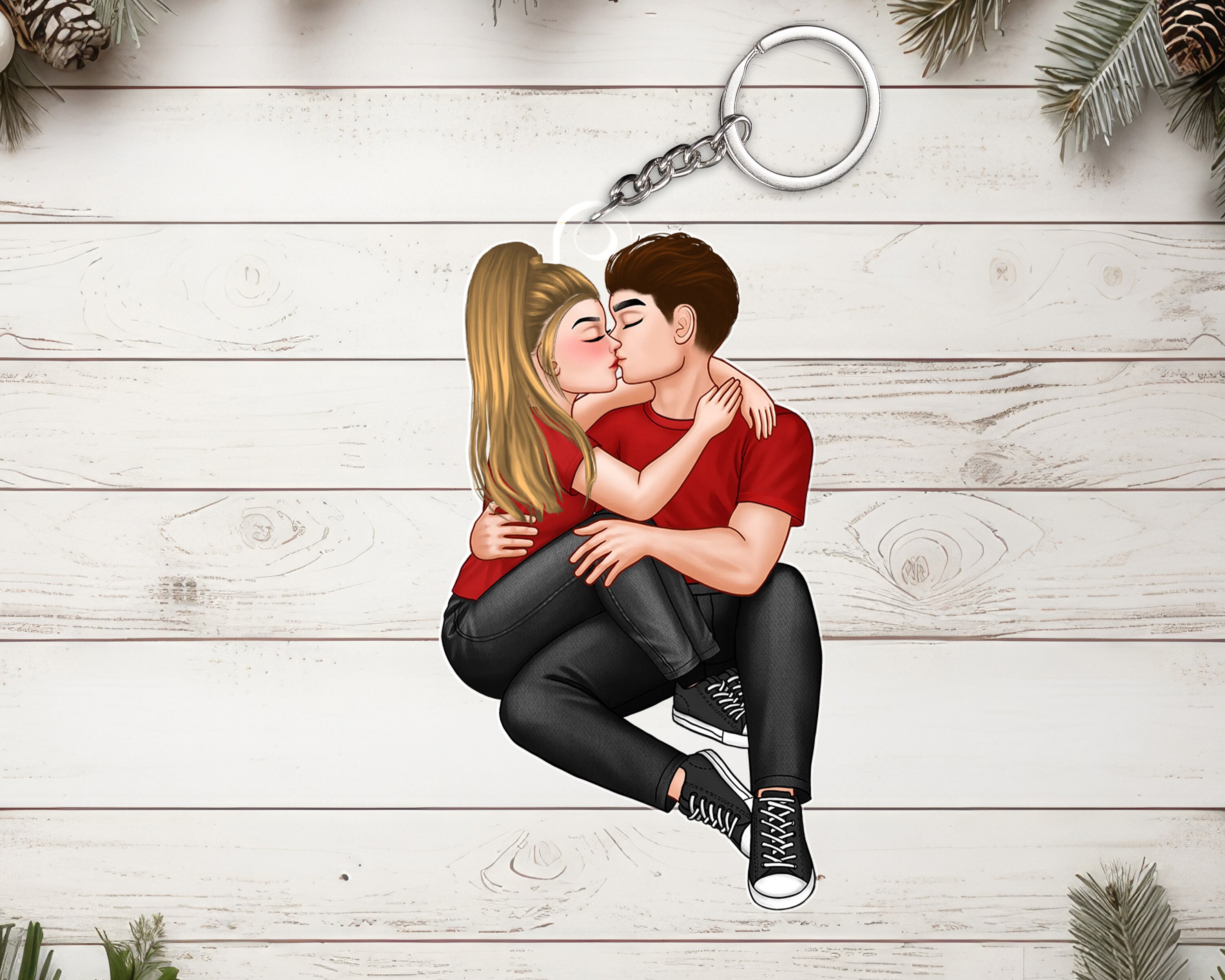 Doll Couple Sitting Kissing Heart Arrow - Personalized Acrylic Keychai