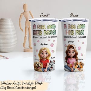 A Girl And Her Dogs 3D Effect - 3D Inflated Effect Printed,Personalized Tumbler,Custom Dog Cartoon Style,Dog Mom Tumbler,Gift For Dog Lovers