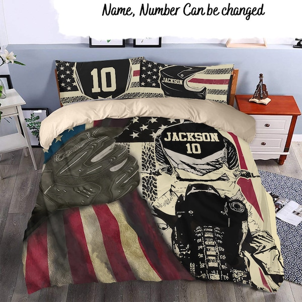 Personalized Motocross Quilt Bed Set-Standing For The American Flag-Gift For Dirt Bike Lover-Dirt Bike Duvet Cover Set,Motor Sport Bedding
