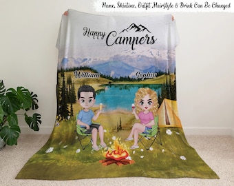 Campers - Happy Campers - Personalized Blanket - Gift For Couples - Camping Couple Blanket, Custom Camping Blanket, Camper Partner Gift