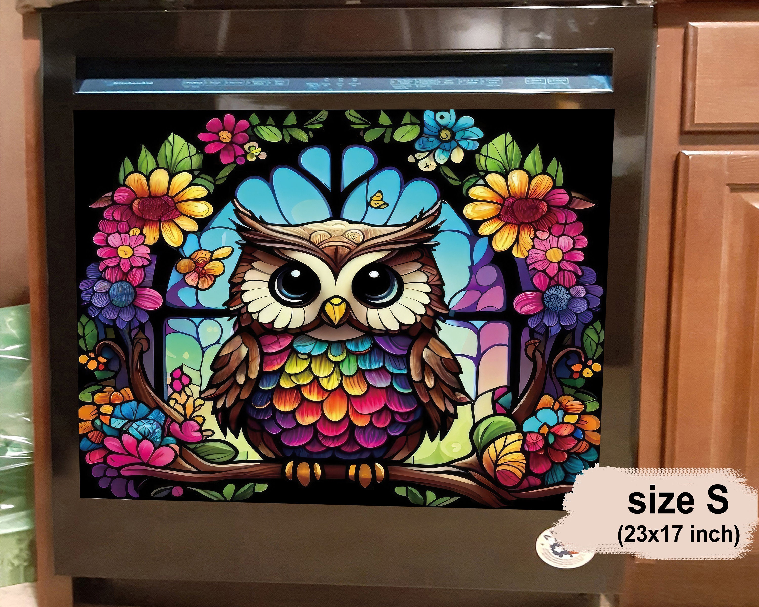Colorful Owl Stained Glass Dishwasher Cover, Housewarming Gifts