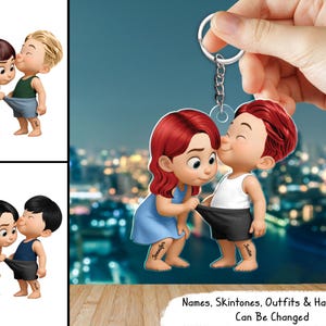 Lustiges Cartoon-Paar personalisierter Acryl-Schlüsselanhänger, Jahrestagsgeschenk für ihn, Geschenk für sie, herzliches Valentinstagsgeschenk für Paar