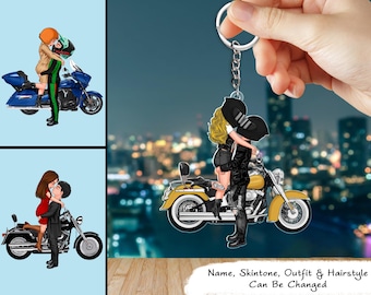 Llavero personalizado de pareja de motociclistas besándose - Regalo de aniversario o cumpleaños para amantes de las motos - Pareja, esposo o esposa