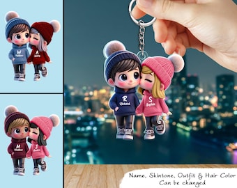 Cute Cartoon Couple Walking Personalized Acrylic Keychain, Gift for him, Gift for her, Valentine&#39;s Day Anniversary, Couple Gift Keychain