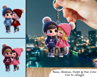 Custom Couple Cartoon Keychain - Personalized Rear View Mirror Hanger For Boyfriend Girlfriend Gifts