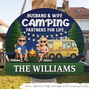 Husband and Wife Camping Partners for Life Personalized Wood Sign, Anniversary, Vacation, Funny Gift For Campers, Custom Name Campsite Sign