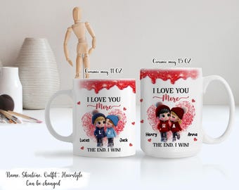 Taza personalizada de pareja de dibujos animados "Te amo más, gano". Regalo de San Valentín, regalo de aniversario para él y para ella. Taza personalizada de pareja de dibujos animados.