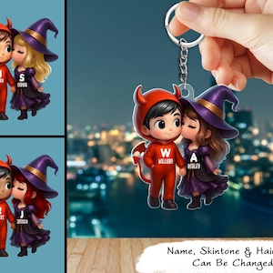 Cute Cartoon Halloween Couple Personalized Acrylic Keychain, Halloween Tree Decoration,Halloween Gift for Couple,Devil and Witch Couple Gift