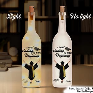 May include: Two glass bottles with cork tops, decorated with a graduation cap and the text "A Sweet Ending to a New Beginning". The bottles are illuminated with a warm glow in the left image and are not illuminated in the right image. The text "Harvard University 2023" and the name "Jennifer" are printed on the bottles.