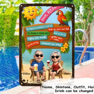 Pool Rules Couple Summer 3D Effect Personalized Metal Sign, Custom Sign for Pool, Funny Gift For Family, Pool Gift Idea, Poolside Decor