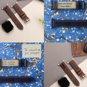 May include: Four different leather watch straps with personalised engravings. The straps are brown, black, and dark brown. The engravings include "Love you forever Your Wife", "Te amare por siempre", "Te amare por siempre", and "UML".