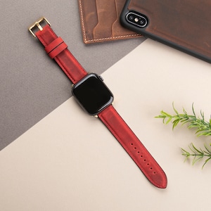Red Leather Apple Watch Band, Full grain Leather, Handmade,38mm 40mm 41mm 42mm 44mm 45mm 49mm apple watch strap-FREE ENGRAVING