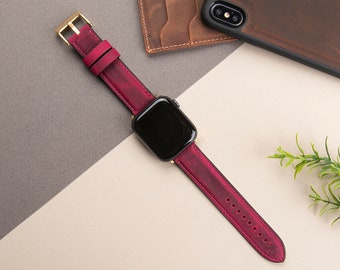 Fuchsia Leather Apple Watch Band, Full grain Leather, Handmade, 38mm 40mm 41mm 42mm 44mm 45mm 49mm apple watch strap-FREE ENGRAVING