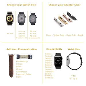 May include: A graphic showing different sizes of Apple Watch bands, with options for personalization and compatibility with different Apple Watch series. The image also shows different colors of adapters for the bands.