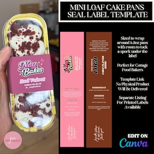 May include: A clear plastic container holding mini red velvet cakes with white frosting and red crumbs. The container is wrapped with a pink label that reads "Nay Bakes Red Velvet." The image also shows a template for cake pan labels.