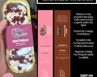 May include: A clear plastic container holding mini red velvet cakes with white frosting and red crumbs. The container is wrapped with a pink label that reads "Nay Bakes Red Velvet." The image also shows a template for cake pan labels.