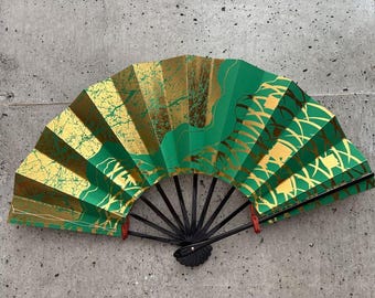 Japanese Folding Fan - Emerald green. Vintage