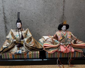 Traditional Japanese dolls, Hina Ningyo, Hina dolls, Hina Matsuri dolls. Set with stand bases