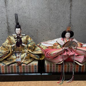 Traditional Japanese dolls, Hina Ningyo, Hina dolls, Hina Matsuri dolls. Set with stand bases