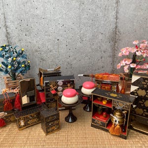 Hina Matsuri Doll Furniture. Japanese Miniature Dollhouse lacquerware. Vintage condition