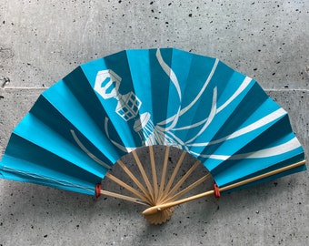 Abanico plegable japonés - Azul celeste. Vintage.