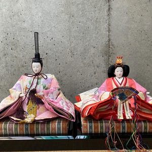 Traditional Japanese dolls, Hina Ningyo, Hina dolls, Hina Matsuri dolls. Set of 2 with stand bases