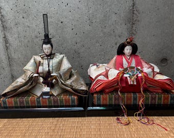 Traditional Japanese dolls, Hina Ningyo, Hina dolls, Hina Matsuri dolls. Set with stand bases