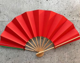 Japanese Folding Fan - Green and red. Vintage