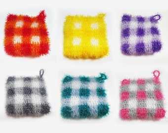 Gingham Check Shape Scrubby (Fil) pour un nouveau cadeau de maison, cadeau de baby shower ! Vaisselle réutilisable 100 % écologique et faite à la main.