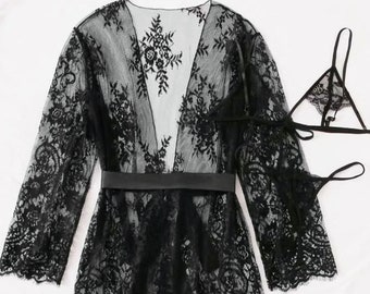 Black Lace Robe 3pc, Sexy Robes, Lace Robes, Black Sexy Attire, Lingerie Set, Boudoir Robe, Honeymoon & Anniversary Robe,Special Occasion