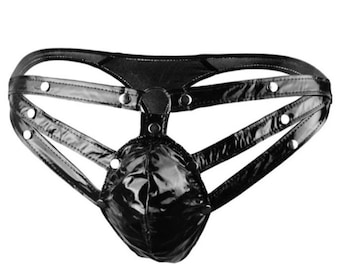 Patent Leather, Patent Thong, Patent Leather Thong with Studs, Faux Leather, Stretch Thong, Black Thong, Faux Leather Thong, Men Thong