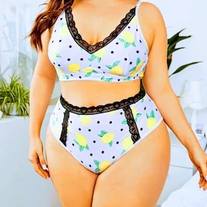 Lemonade Lingerie Set, Bra, Panty, Lace, Lemons, Satin Pattern Set