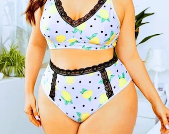 Lemonade Lingerie Set, Bra, Panty, Lace, Lemons, Satin Pattern Set