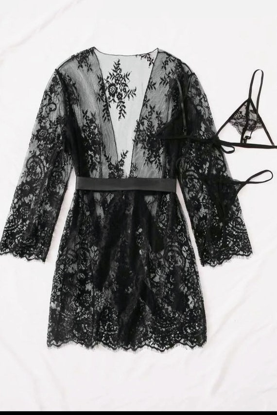 sexy lingerie robes Navy Lace Long Robe – Sheer Boudoir Sexy Lingerie – Marrysol Shop main image 0