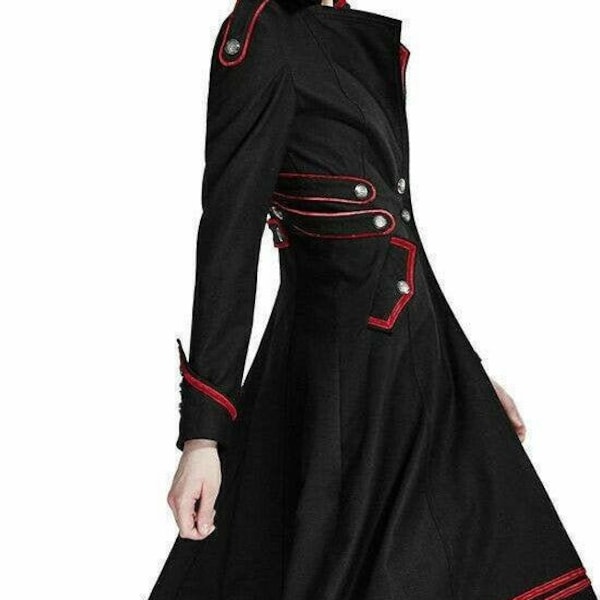 Ladies Black with Red piping Long Gothic Jacket for Women,Ladies Gothic style military coat