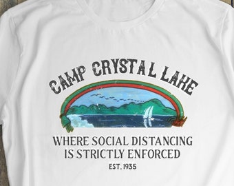 Vrijdag de 13e Camp Crystal Lake Distressed T-shirts, sociale distancing, Halloween Movie Tee Shirt, Vintage Distressed Geïnspireerd, Unisex