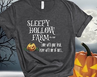Maglietta Sleepy Hollow Farms, divertenti magliette di Halloween, periodo di Halloween, magliette unisex, ispirate al Cavaliere senza testa, grafica usurata