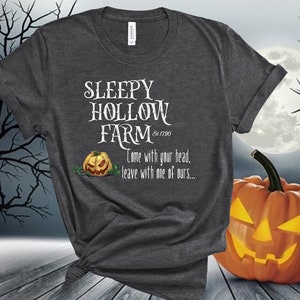 Camiseta Sleepy Hollow Farms, Camisetas divertidas de Halloween, Época de Halloween, Camisetas unissex, Inspirada no Cavaleiro Sem Cabeça, Estampa desgastada