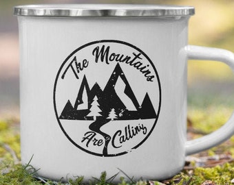 The Mountains Are Calling Camping Hiking Enamel Mug Distressed Summit Outdoor Adventure