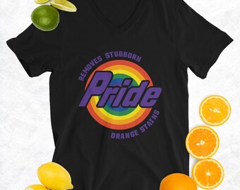 Pride Removes Stubborn Orange Stains Shirt, Funny LGBTQ Tee, Unisex Short Sleeve V-Neck T-Shirt