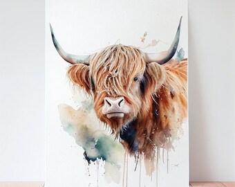 Acquerello di mucca delle Highlands, download digitale istantaneo per decorazioni murali e decorazioni per la casa