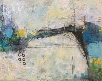 Original Mixed Media painting/abstract bridge/landscape/blue and yellow art/24x30